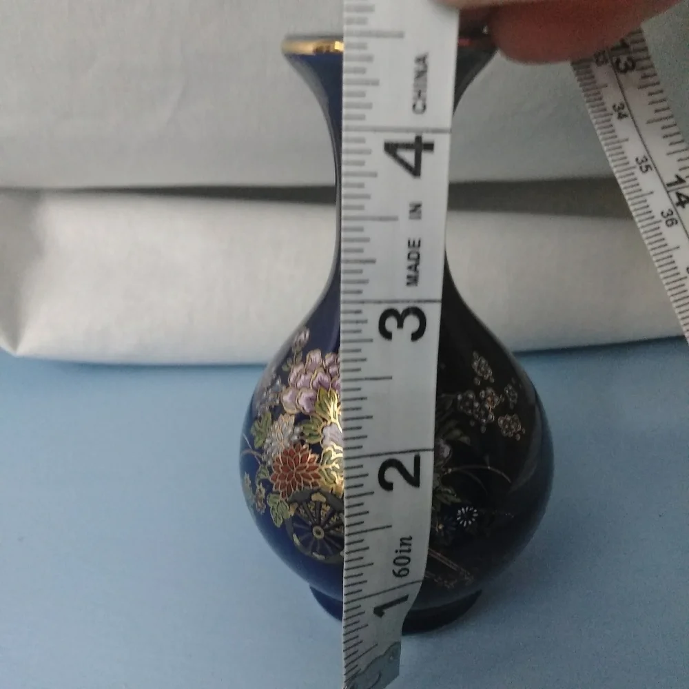Kutani Japanese Blue Metallic Floral Mini Flower Collectable Plant Vase Decor